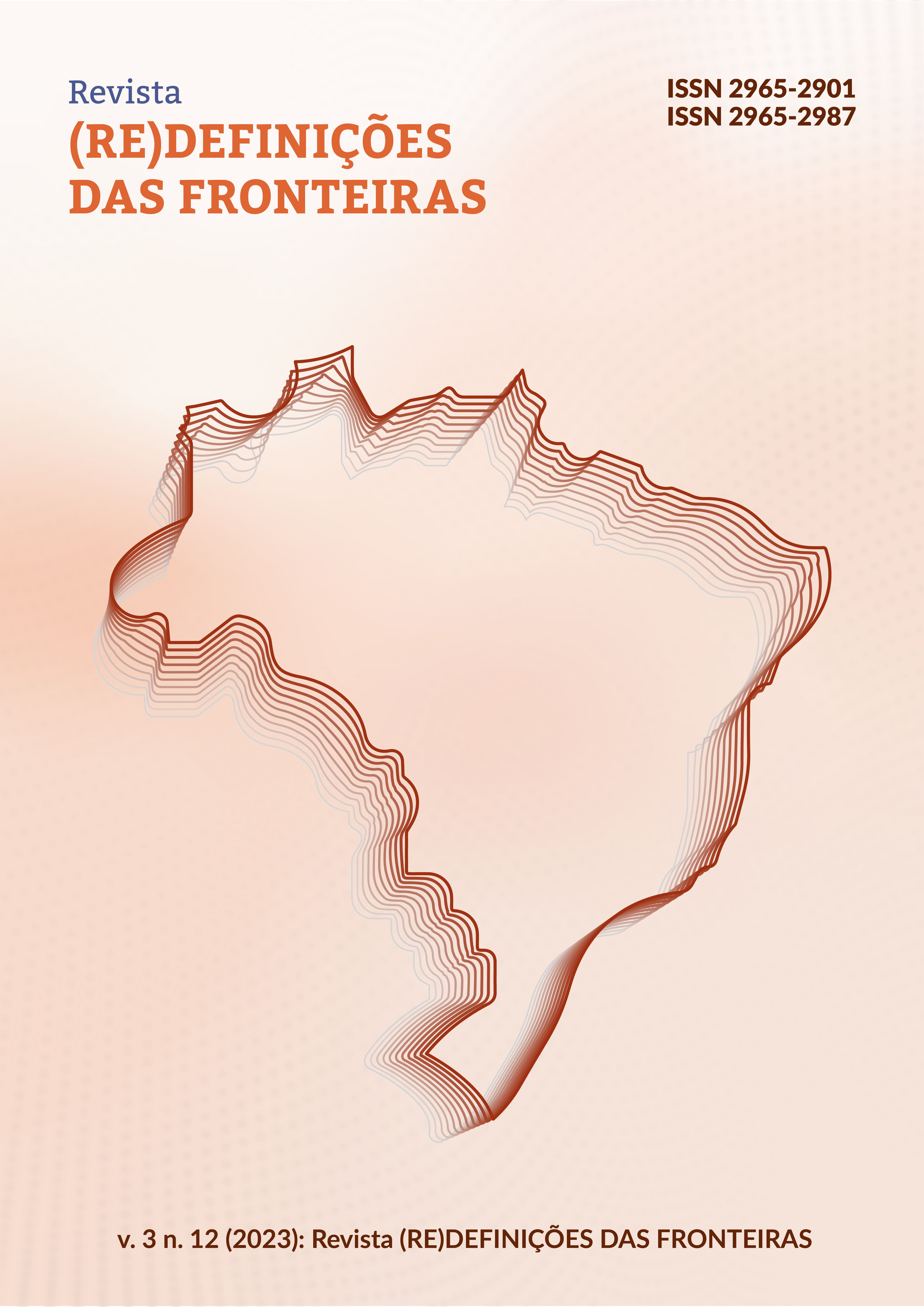 Desenho da capa. Mapa das fronteiras brasileiras sobre um fundo laranja. Inclui o título da revista, ISSN 2965-2901. V 3 N 12.